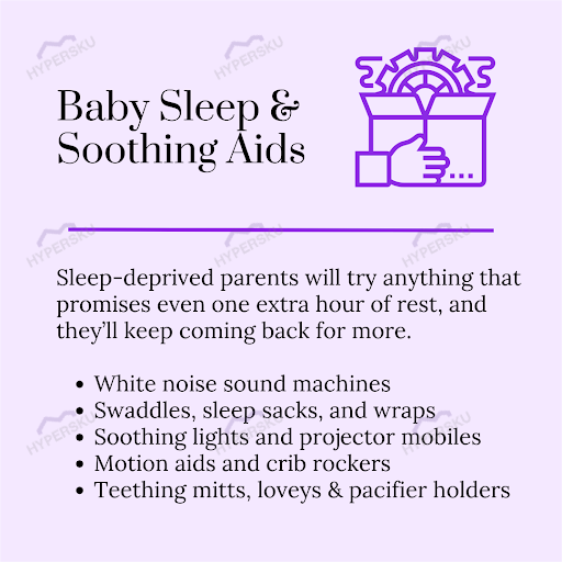 Baby sleep and soothing aids featured as one of the high-profit dropshipping niches in 2025, including white noise machines, swaddles, crib rockers, and teething accessories