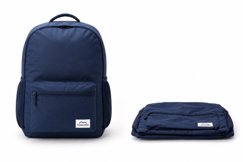 HyperSKU helps customers remove backpack filling and fold the bag flat to reduce package volume and lower dimensional weight shipping costs. Side-by-side comparison shows the same navy blue backpack in a fully stuffed upright state and a compressed folded state on a white background.