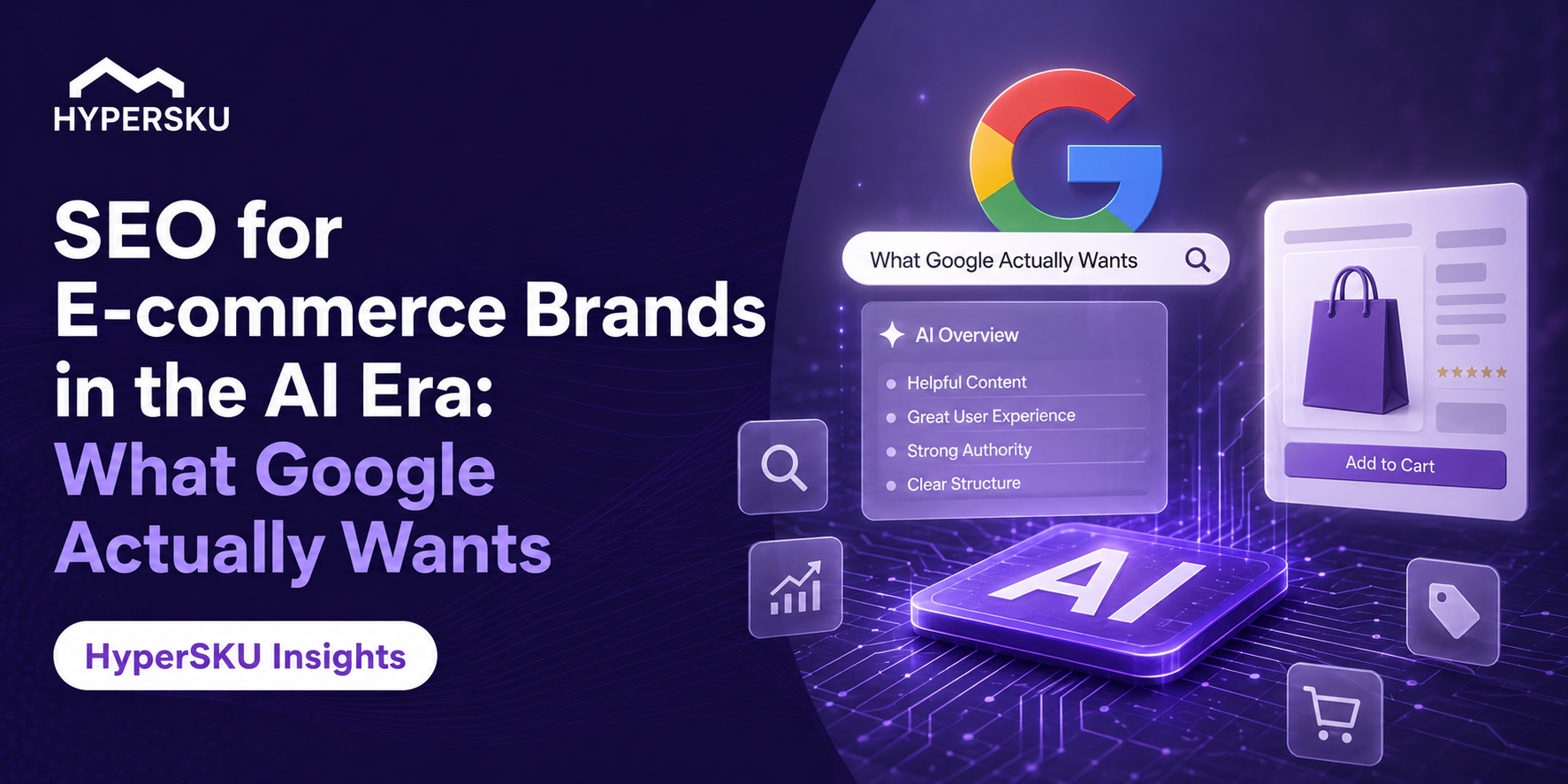 SEO for E-commerce Brands in the AI Era: What Google Actually Wants | HyperSKU Insights banner featuring AI-powered search, Google optimization concepts, e-commerce UI elements, and futuristic digital marketing visuals in a purple-themed design.