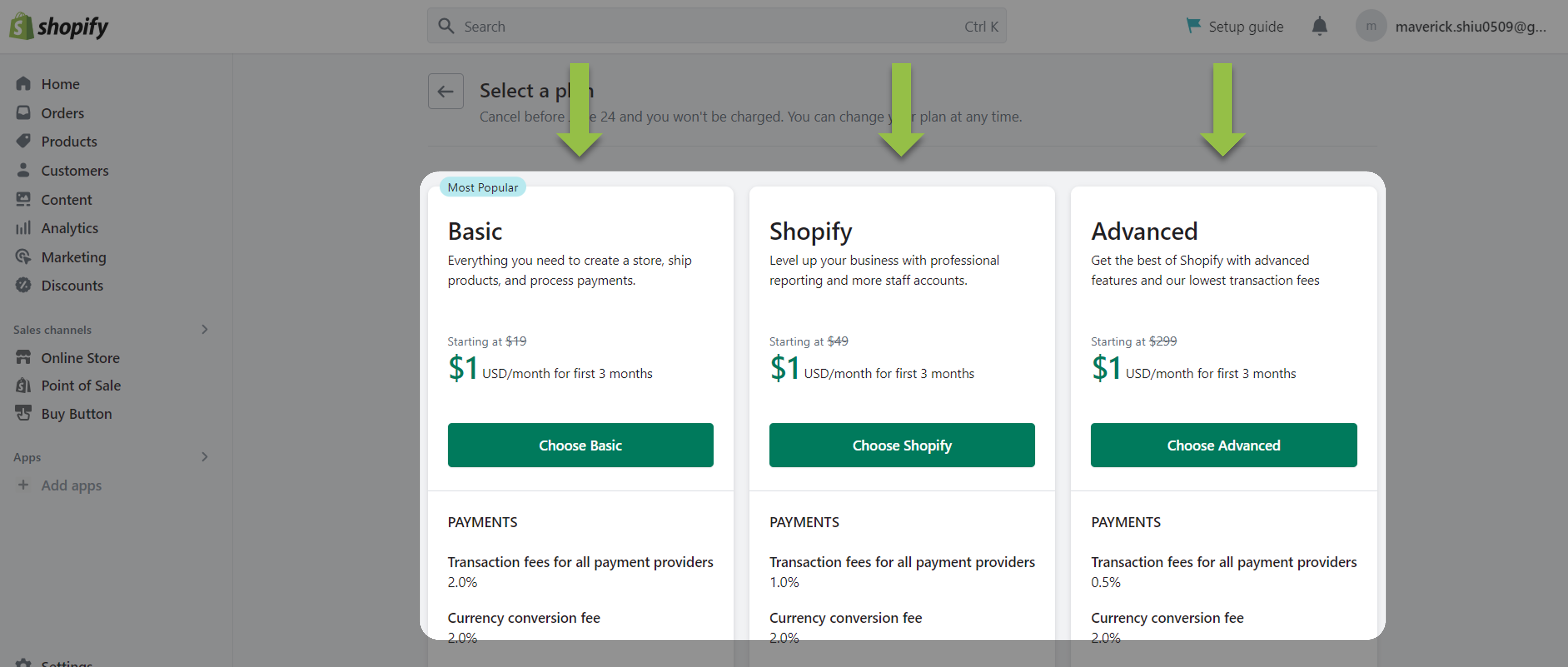 Choose a plan for your Shopify store